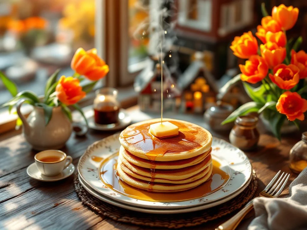 Golden Dutch pancakes with maple syrup on ceramic plates surrounded by tulips and Amsterdam canal house miniatures on wooden table