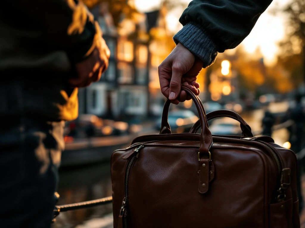 Pickpocket's hand approaching tourist's leather bag near Amsterdam canal houses during golden hour lighting.