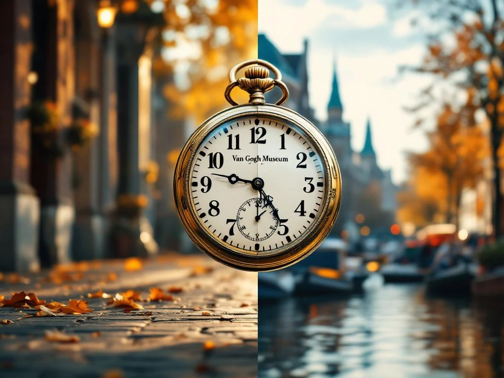 Van Gogh Museum entrance split-screen: empty morning scene at 9 AM versus crowded afternoon, with floating vintage watch