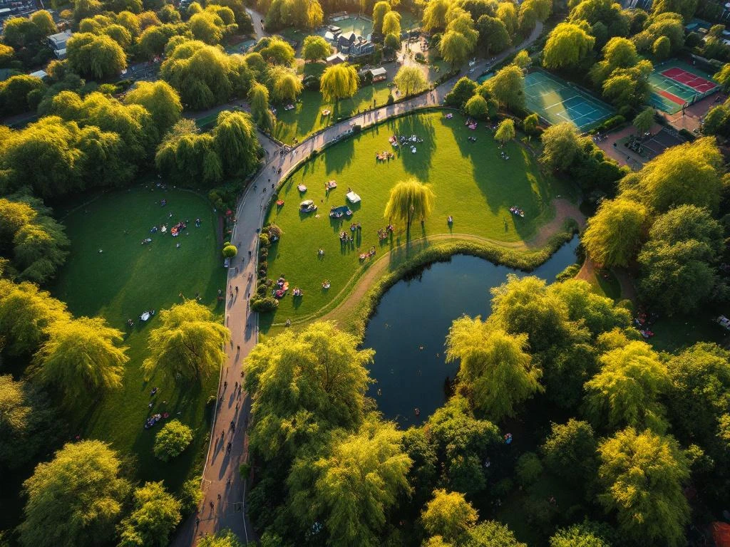 Aerial view of Amsterdam's Vondelpark with cyclists, joggers, families picnicking, and boats on pond during golden hour.