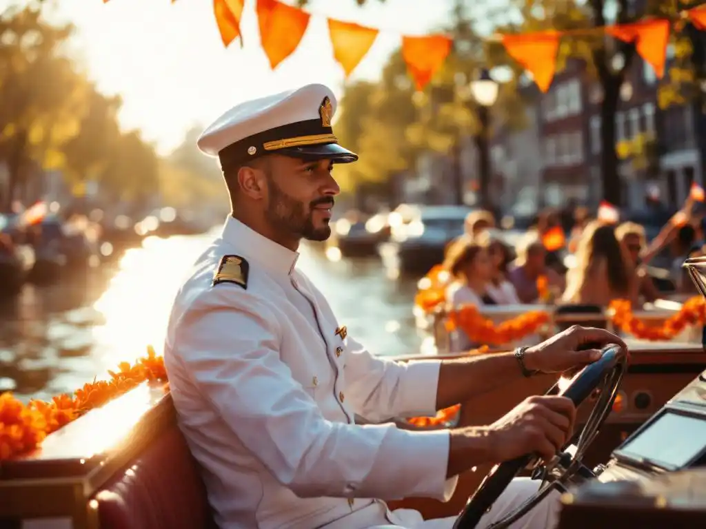 Professional boat captain in white uniform steering decorated canal boat through Amsterdam waterways on King's Day with passengers celebrating