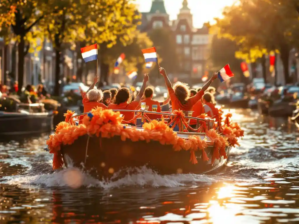 Canal boat with orange decorations and Dutch flags cruising Amsterdam waterway, passengers celebrating on deck in orange clothing