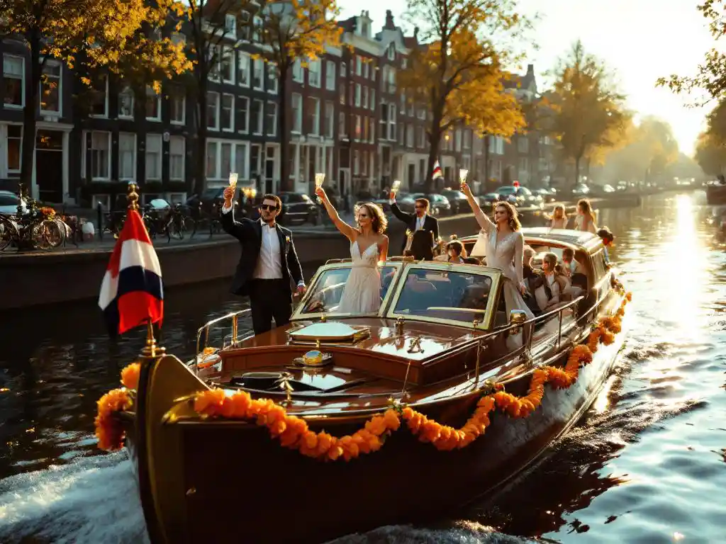 Elegantly dressed passengers celebrating with champagne on luxury Amsterdam canal boat decorated with orange bunting and Dutch flags.