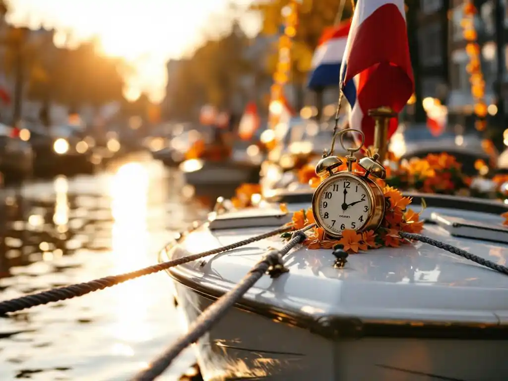 White pleasure boat with orange decorations and Dutch flags moored at Amsterdam canal dock in golden sunlight