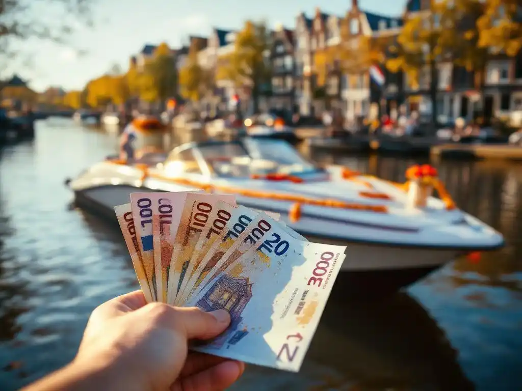 Hand holding euro banknotes reaching toward white boat with Dutch flags on Amsterdam canal with traditional houses