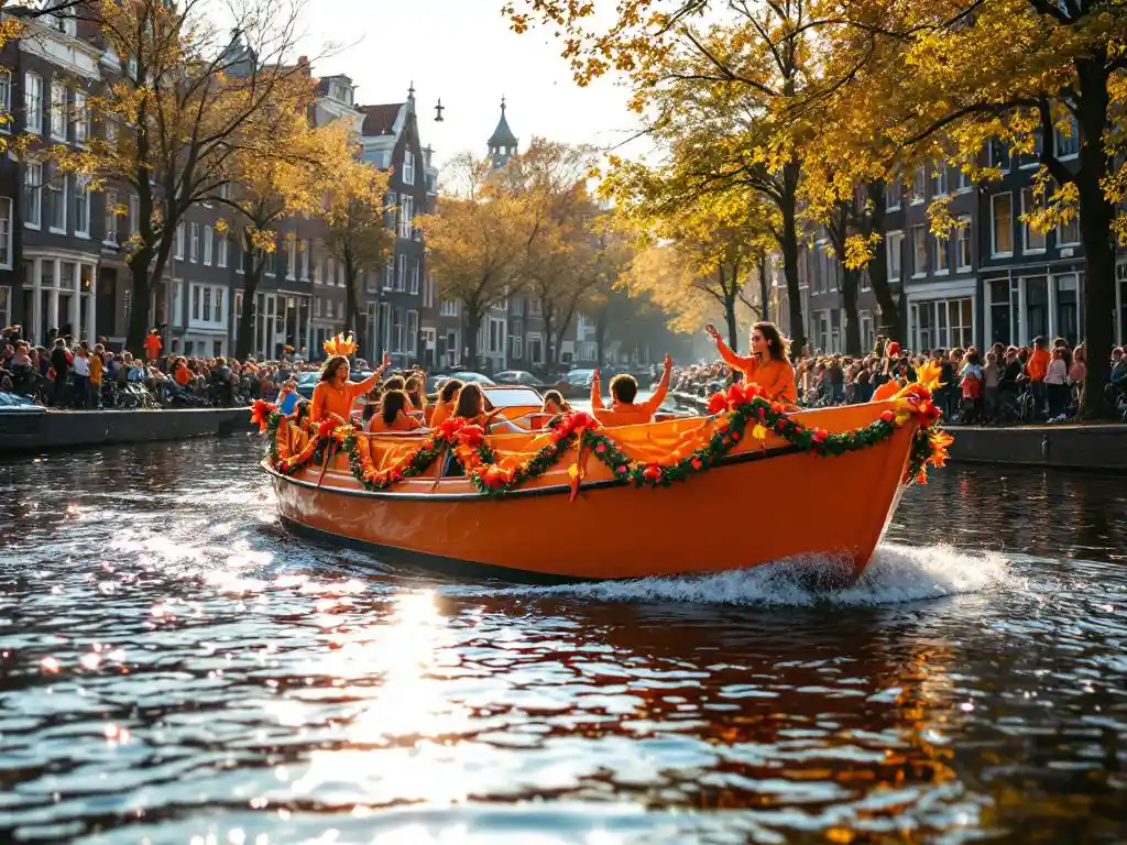 Orange canal boat with King's Day bunting and celebrating passengers in traditional Dutch clothing on Amsterdam waterway