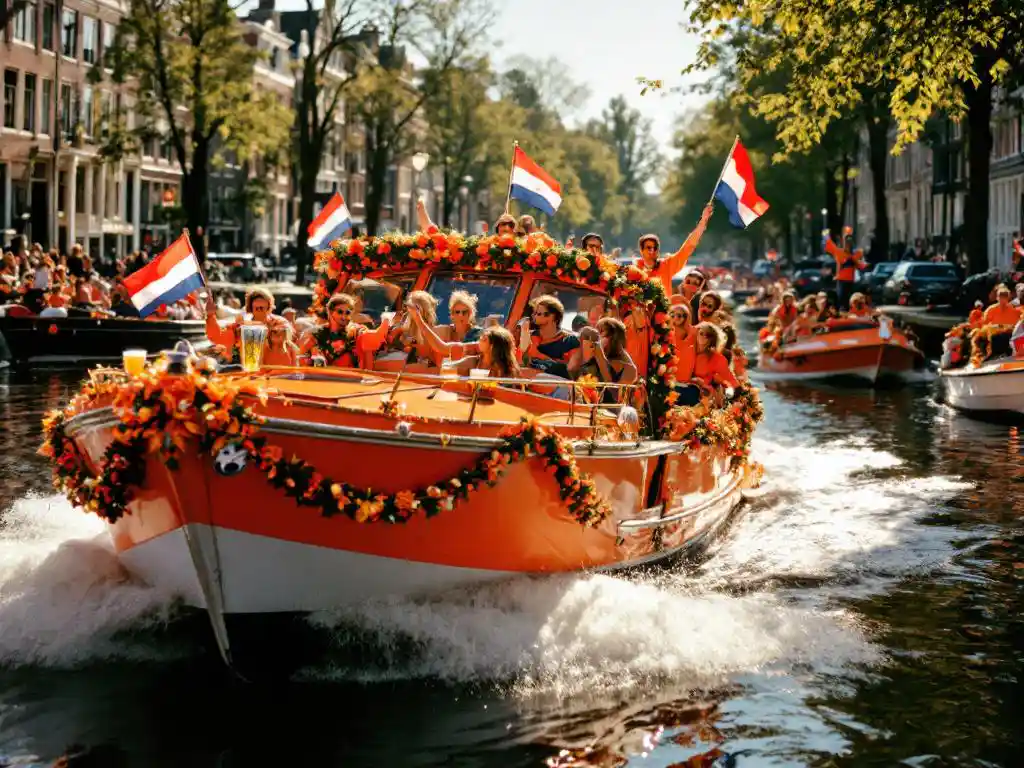 Orange canal boat with Dutch flags and celebrating passengers in Amsterdam waterway during King's Day festivities