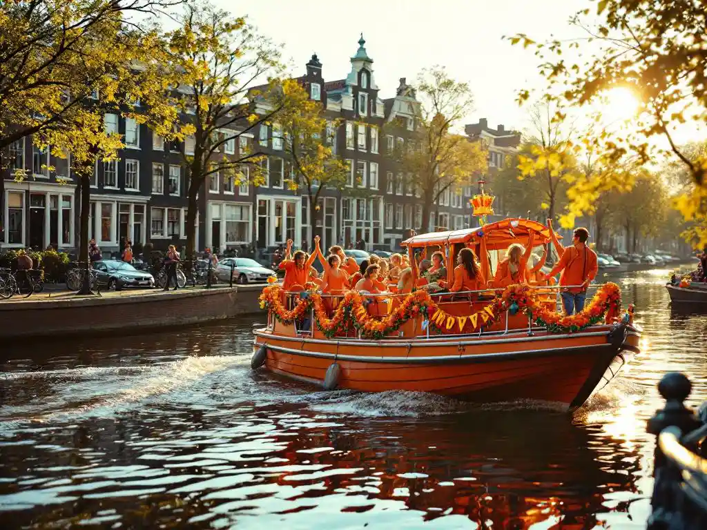Orange canal boat with King's Day bunting and celebrating passengers glides through Amsterdam waterway lined with historic Dutch houses.