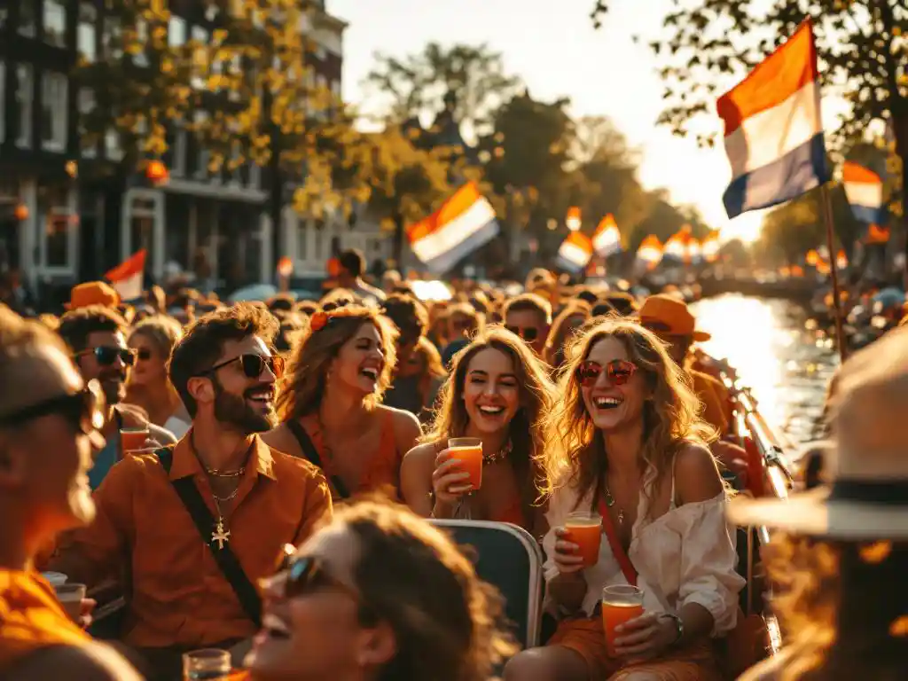 Passengers in orange clothing celebrate on boat deck with Dutch flags, historic Amsterdam canal houses visible in background.