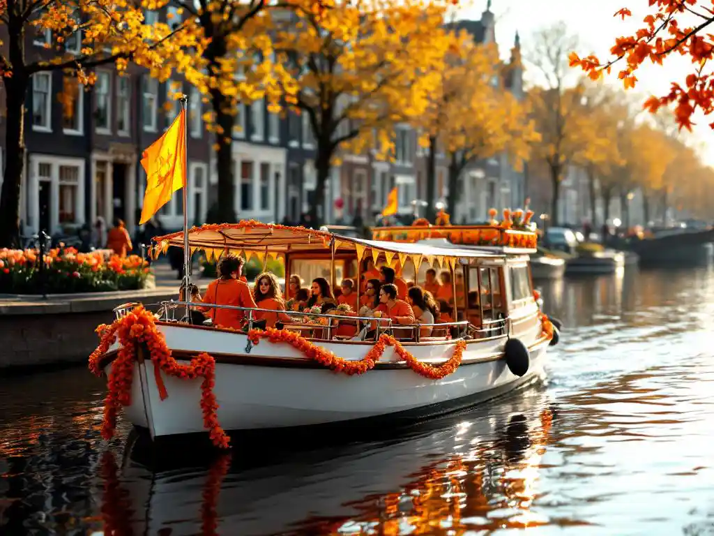 White canal boat with orange bunting on Amsterdam canal during King's Day celebration with traditional Dutch houses reflected in water