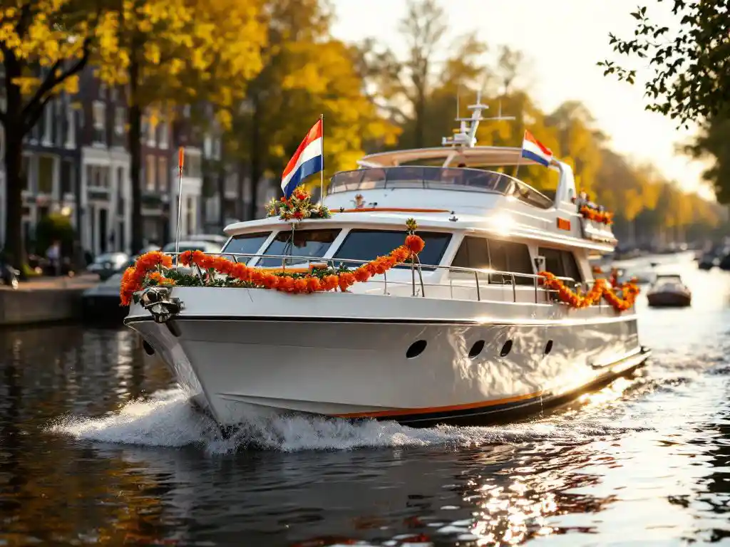 White pleasure boat with orange King's Day decorations cruising Amsterdam canal past traditional Dutch houses