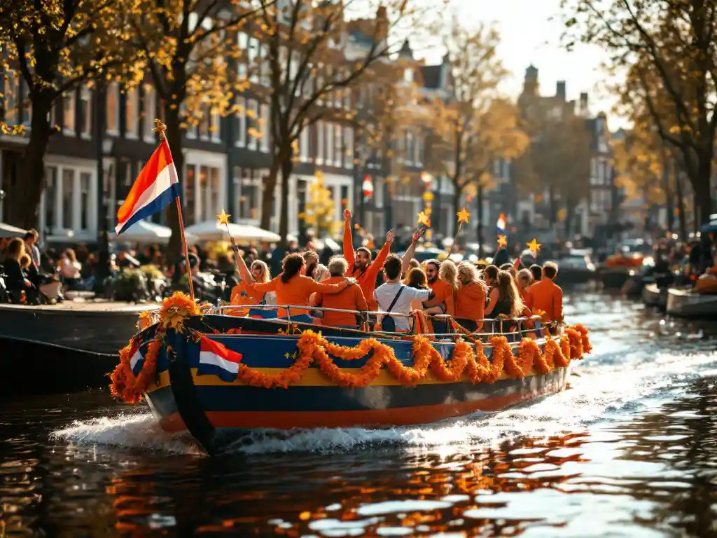 Canal boat with orange streamers and Dutch flags on Amsterdam waterway during King's Day celebration with historic houses