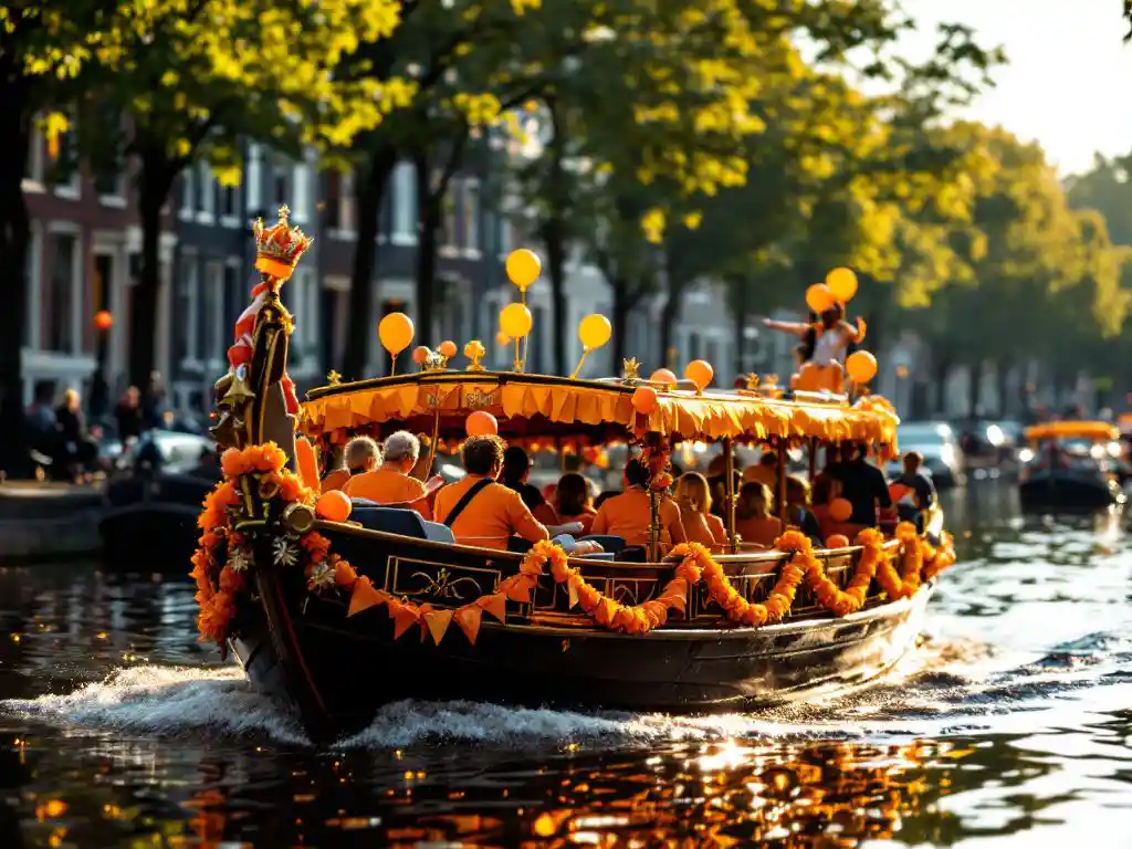 Canal boat with orange King's Day decorations carrying celebrating tourists on Amsterdam's Prinsengracht canal lined with historic houses.