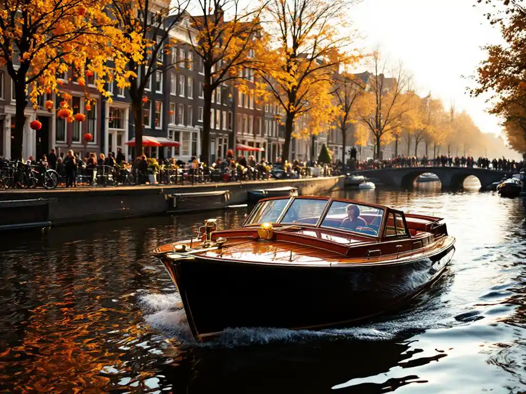 Elegant wooden boat gliding through calm Amsterdam canal with orange King's Day decorations on historic houses