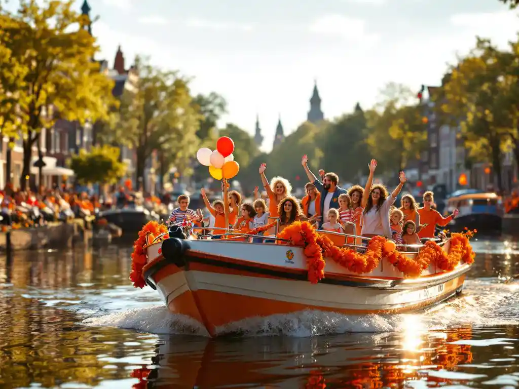 Families in orange clothing celebrating King's Day on decorated tour boat in Amsterdam canal with traditional Dutch houses