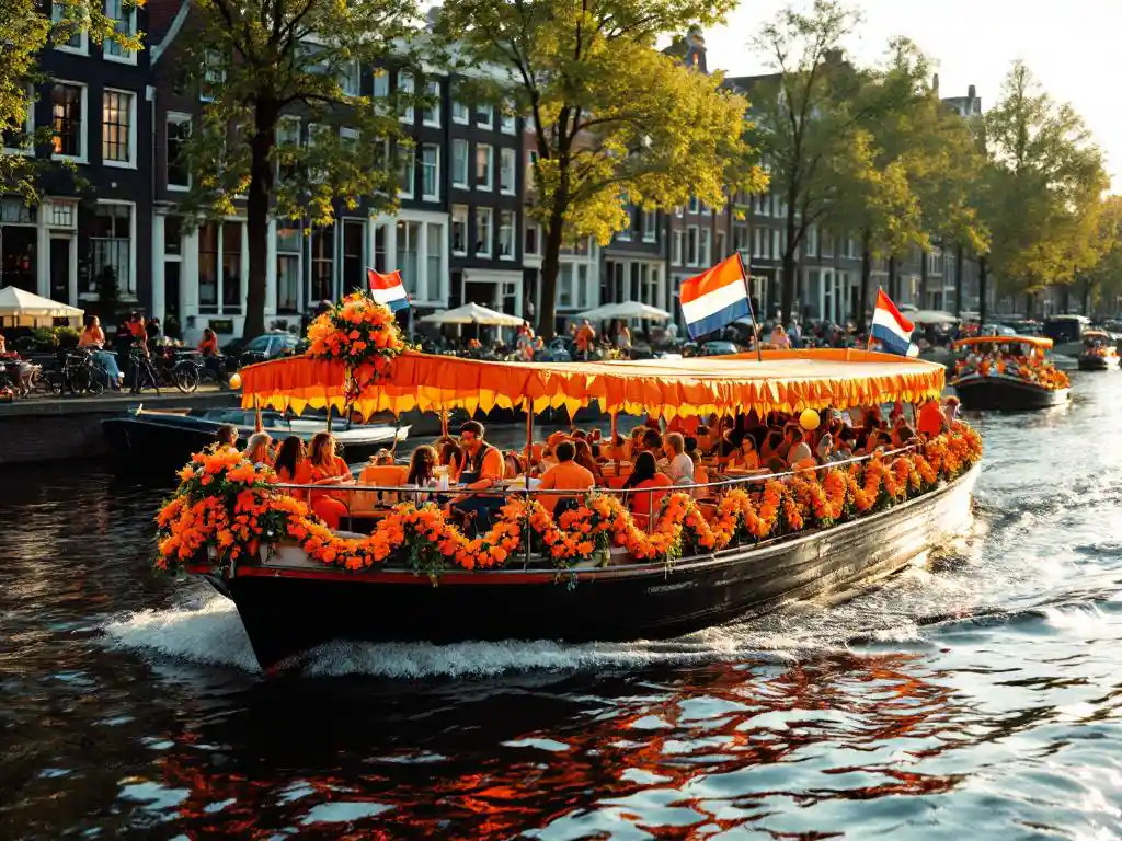 Festive canal boat with orange bunting and Dutch flags carrying celebrating passengers through Amsterdam's historic waterways
