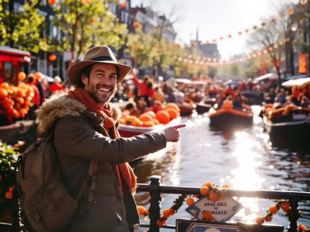 Tourist pointing at rental boat during King's Day celebration at Amsterdam canal with orange decorations and festive crowds