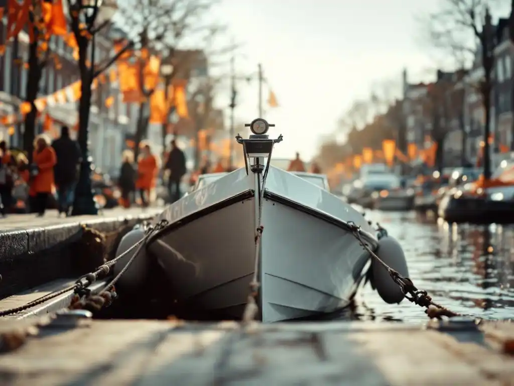 White rental boat docked at Amsterdam canal pier with orange King's Day decorations and festive crowds on cobblestone waterfront.