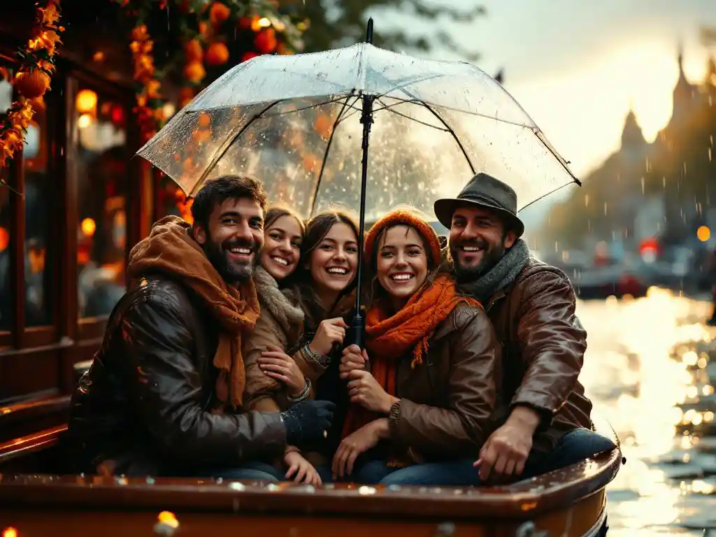 Happy tourists sharing umbrella on Amsterdam canal boat during rain with orange Koningsdag decorations and Dutch flags