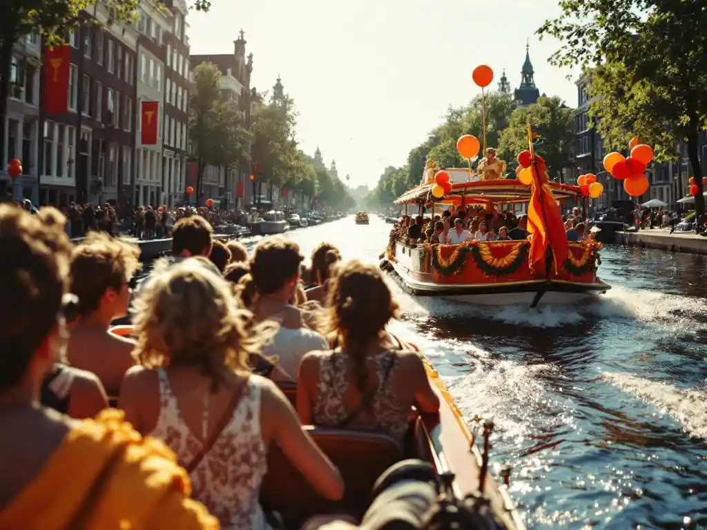 Two canal boats with orange Koningsdag decorations cruise Amsterdam waterway, historic houses lining banks in golden sunlight.