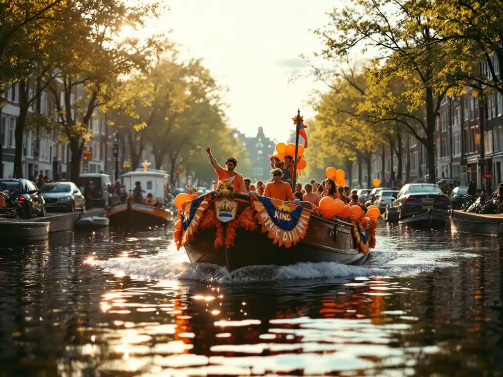 Canal cruise boat with orange King's Day decorations and celebrating passengers gliding past historic Amsterdam gabled houses