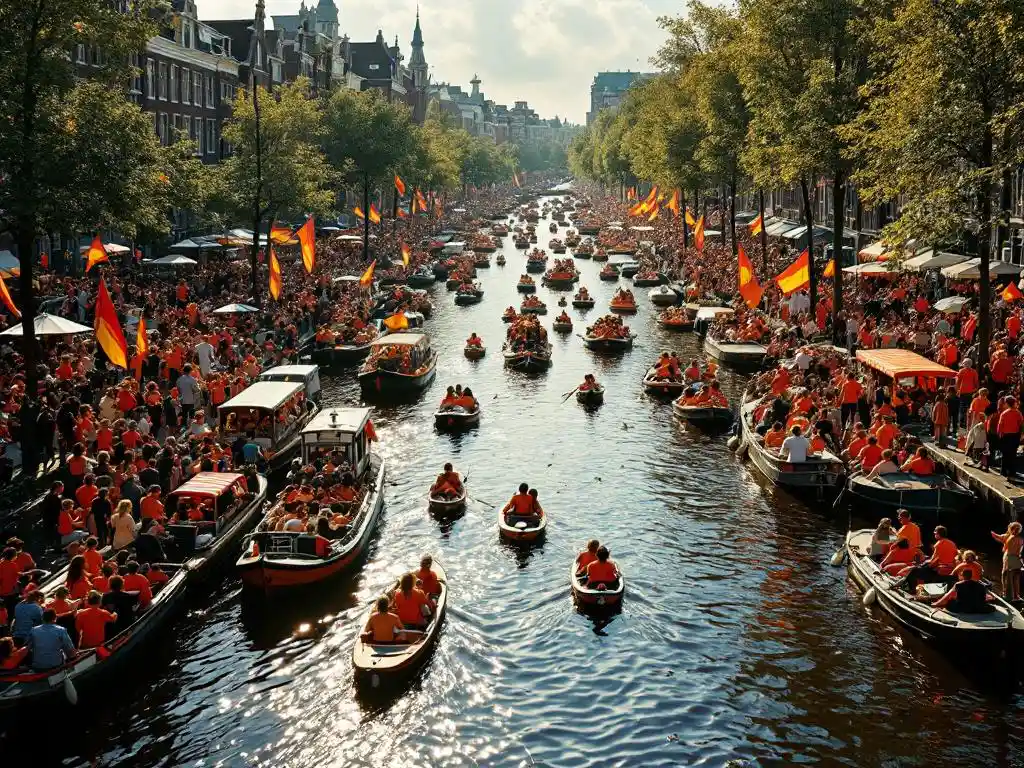 Crowded Amsterdam canal filled with colorful boats and orange-clad passengers celebrating King's Day, historic Dutch houses lining waterway