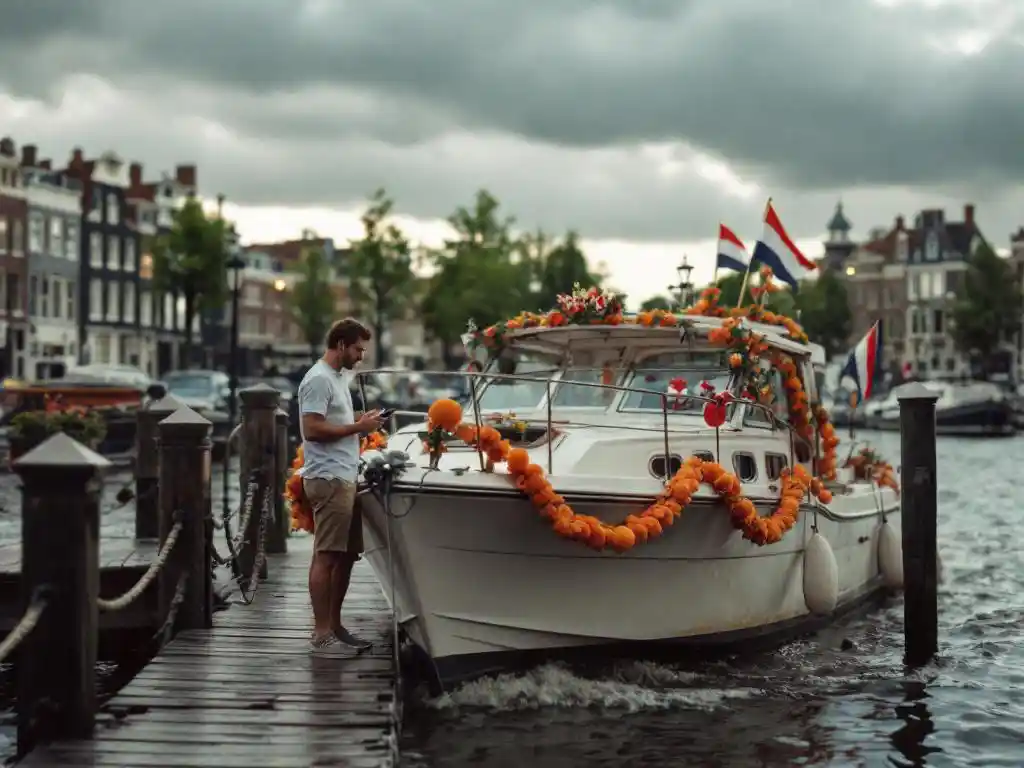 White pleasure boat docked at pier with Dutch King's Day decorations, boat owner checking phone under stormy sky in Amsterdam