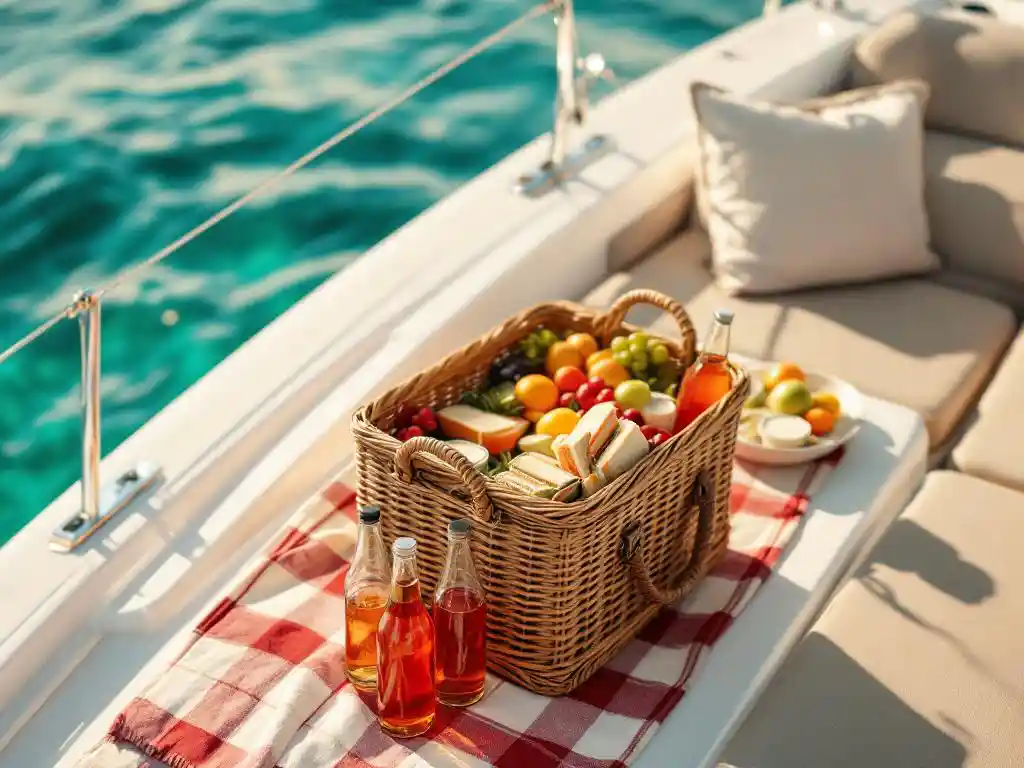 Wicker picnic basket with sandwiches and fruit on white boat deck with turquoise water and checkered blanket