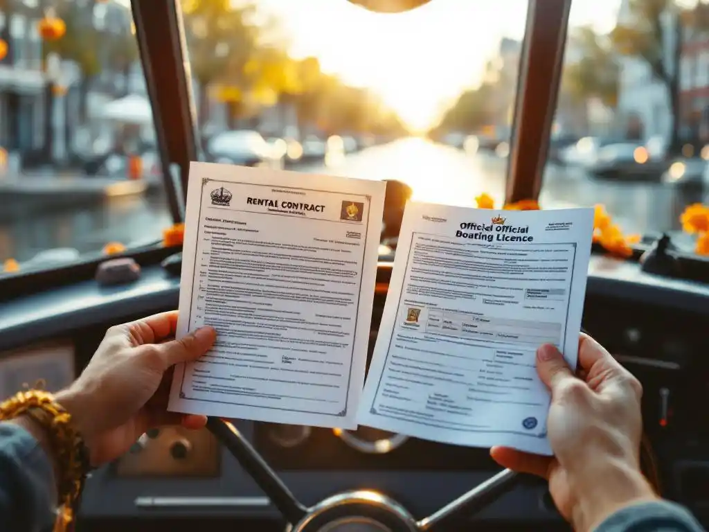 Hands holding boat rental contract and boating license above canal boat steering wheel with Amsterdam houses in background