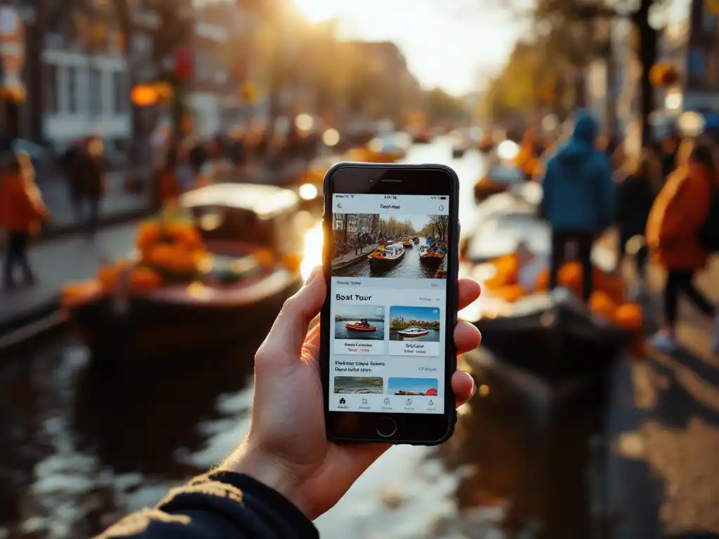 Person holding smartphone with boat tour booking apps on Amsterdam canal street during Koningsdag with orange-decorated boats