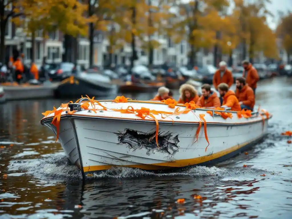 Damaged white rental boat with hull dent on Amsterdam canal during King's Day, passengers in orange examining damage