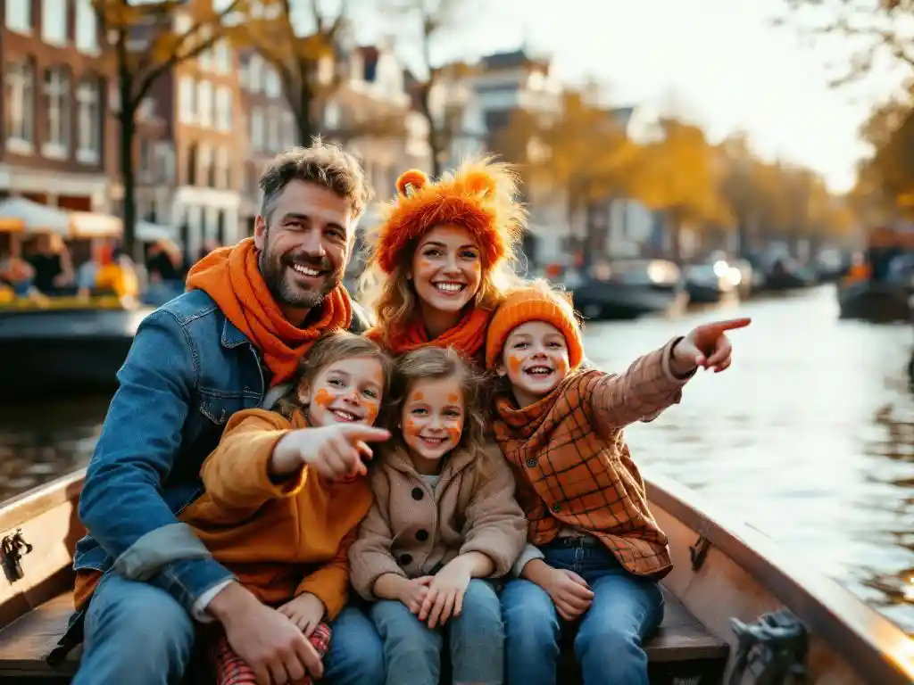 Happy family of four celebrating King's Day on Amsterdam canal boat with historic Dutch buildings in background