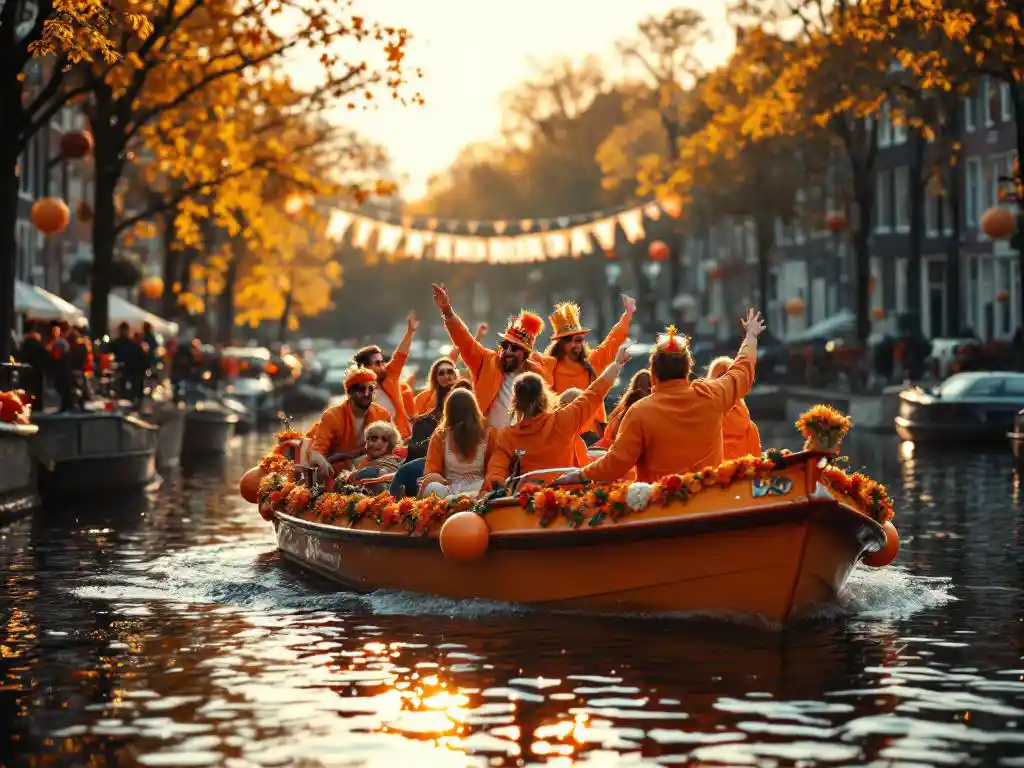 Orange-decorated canal boat with celebrating passengers in traditional Dutch clothing navigating Amsterdam waterways during King's Day.