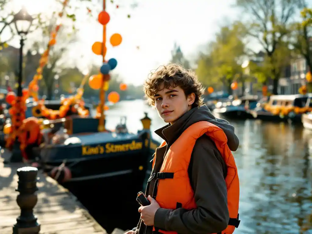 Young person holding boat rental keys on wooden dock with orange life jacket, festive Dutch canal boat with King's Day decorations behind them.