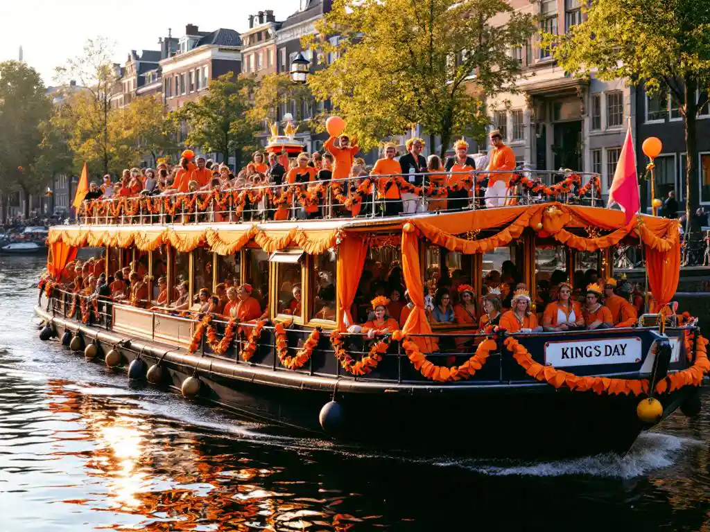 Canal boat filled with people in orange clothing celebrating King's Day on Amsterdam waterway with festive decorations