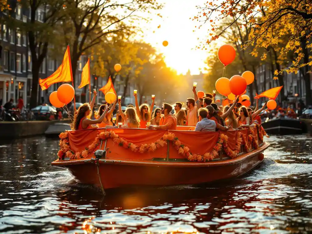 Orange party boat with celebrating people in festive clothing cruising Amsterdam canal past traditional Dutch houses on King's Day.