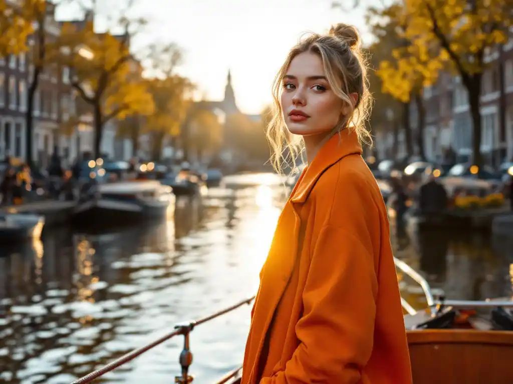 Young woman in vibrant orange outfit standing on canal boat deck during King's Day celebration in Amsterdam with historic gabled houses in background