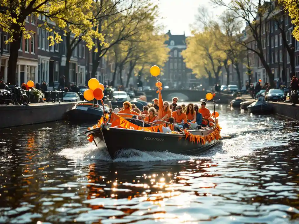 Orange-decorated canal boat with celebrating passengers during Koningsdag festival in Amsterdam with historic gabled houses