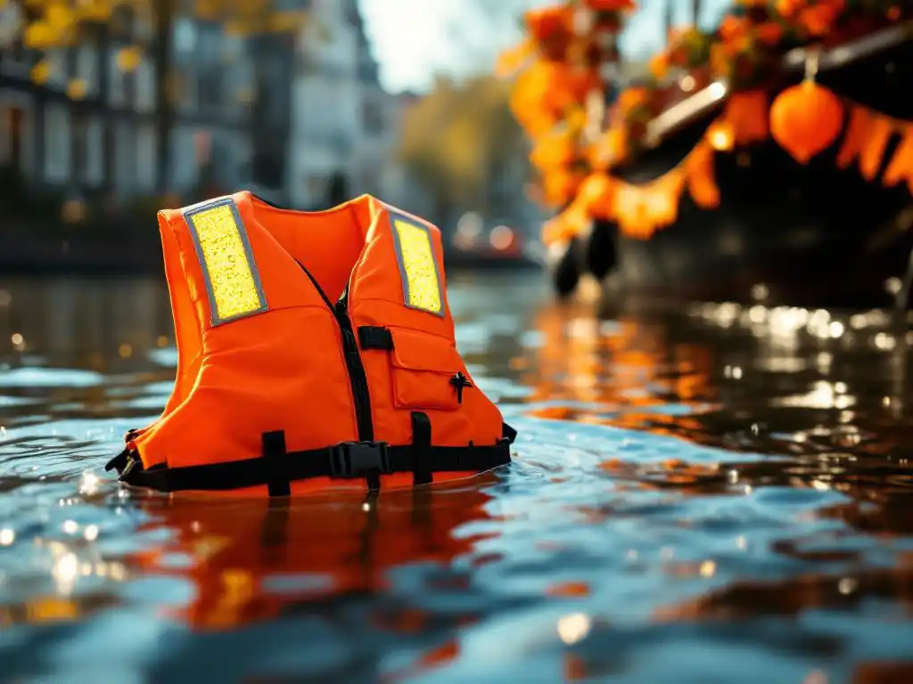 Orange life jacket floating in Amsterdam canal water beside Dutch boat with King's Day decorations