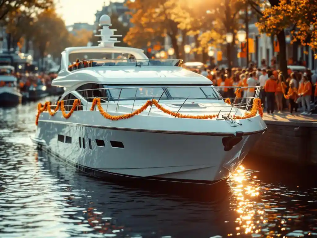 White luxury boat with orange King's Day decorations moored at Amsterdam canal dock with crowds in traditional Dutch attire
