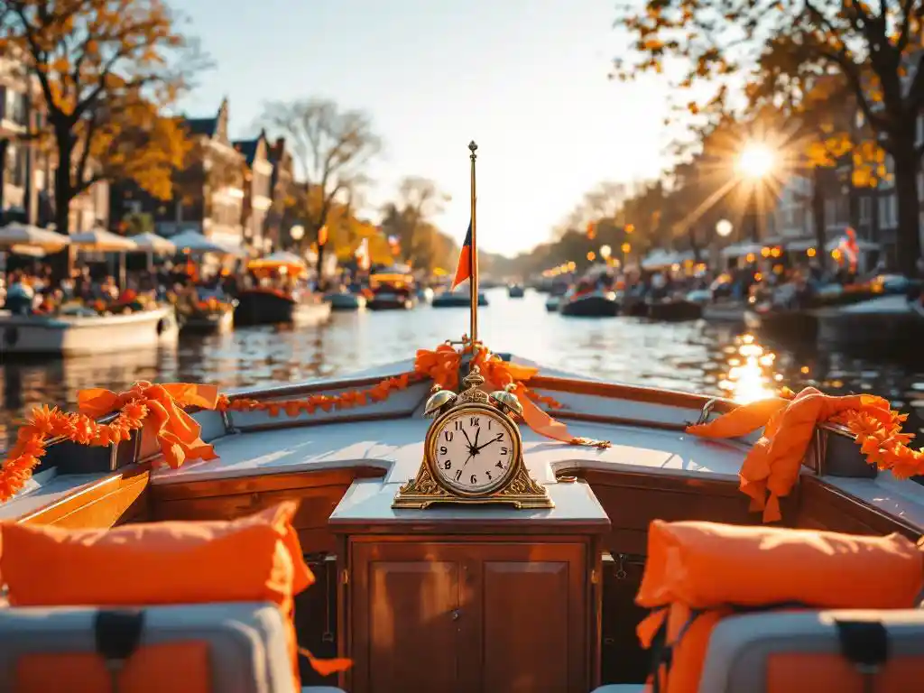 White rental boat at wooden dock with orange streamers, Dutch flags, and life jackets during King's Day canal celebration