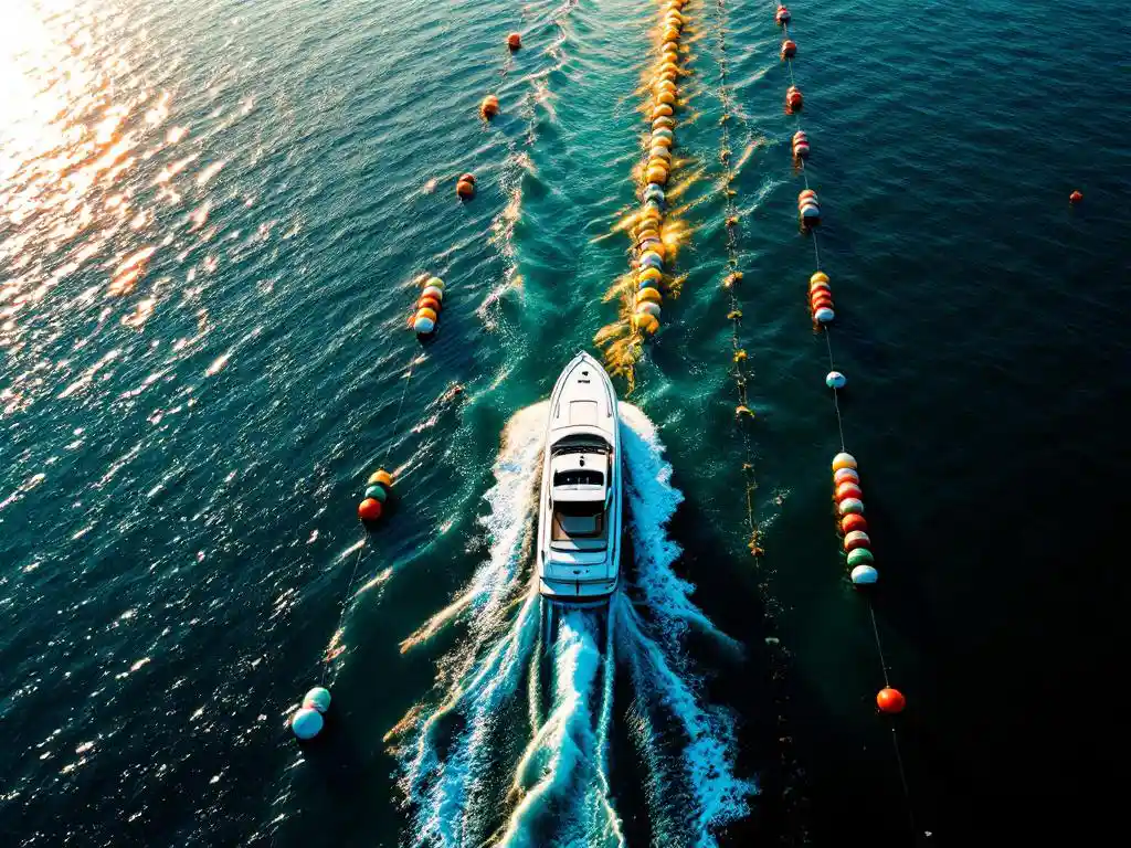 White rental boat navigating between red and green buoys in calm blue water channels during golden hour