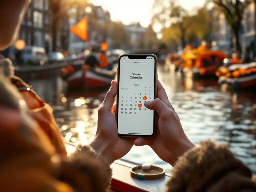 Person holding smartphone with calendar app on Amsterdam canal boat, historic Dutch houses and orange decorations visible.