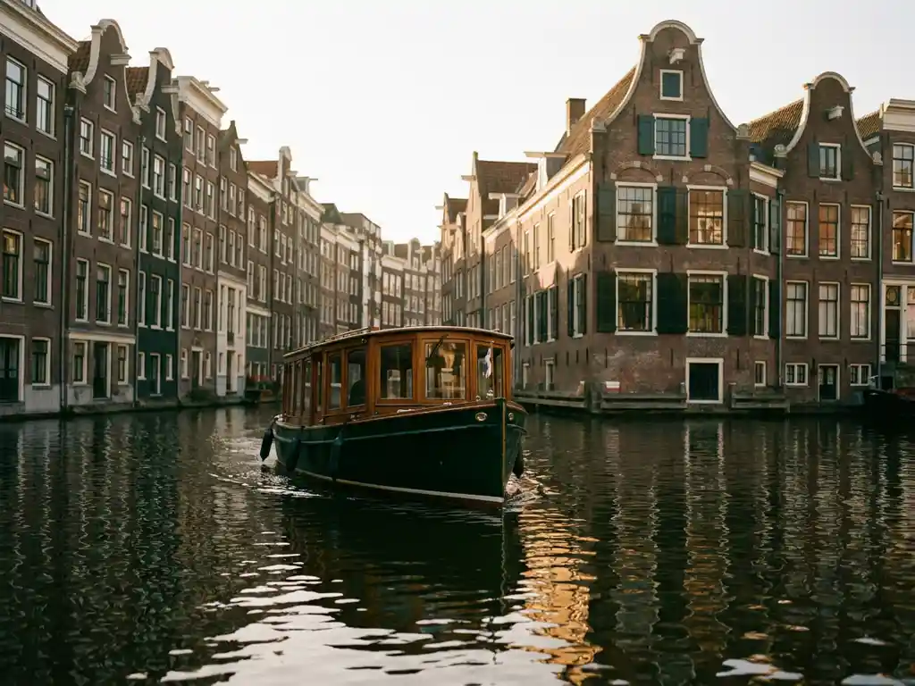 Electric canal boat passing the Anne Frank House on Amsterdam's Prinsengracht canal at golden morning light.