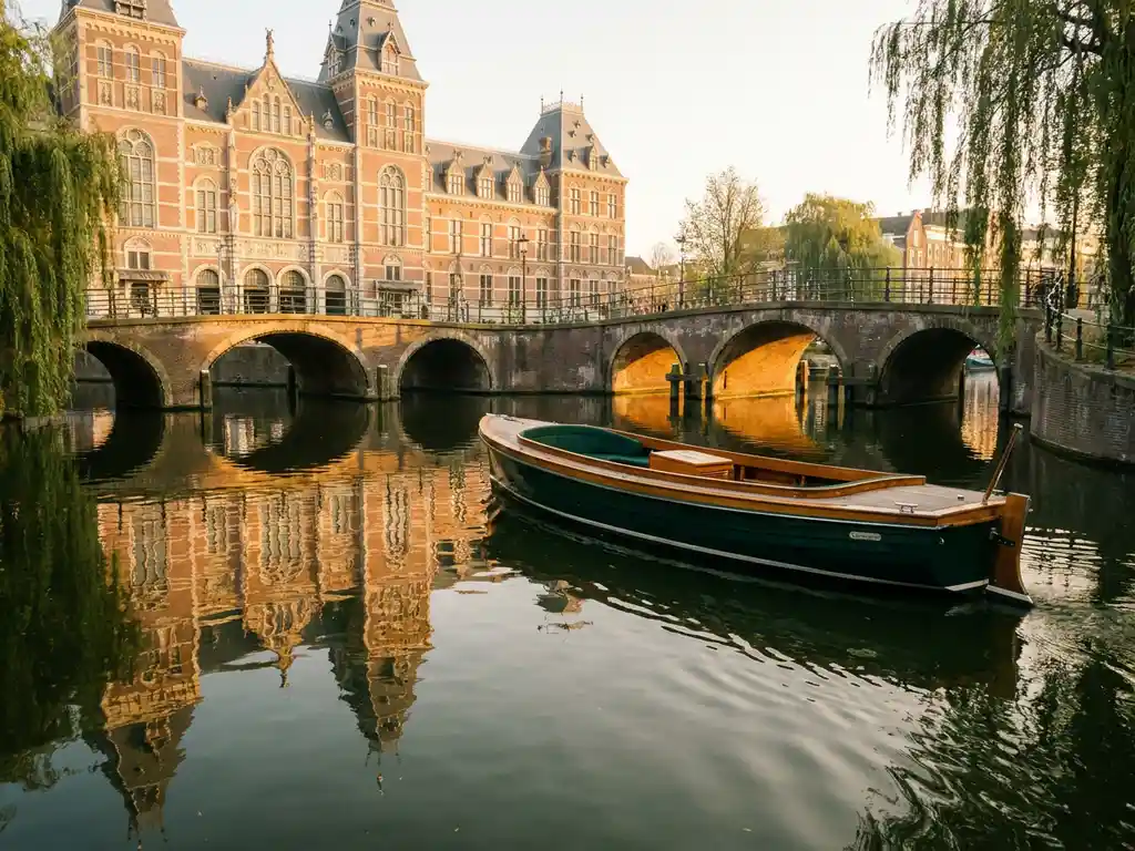 Electric canal boat passing the Amsterdam Rijksmuseum, golden light reflecting off still green water beneath willow-draped brick bridges.