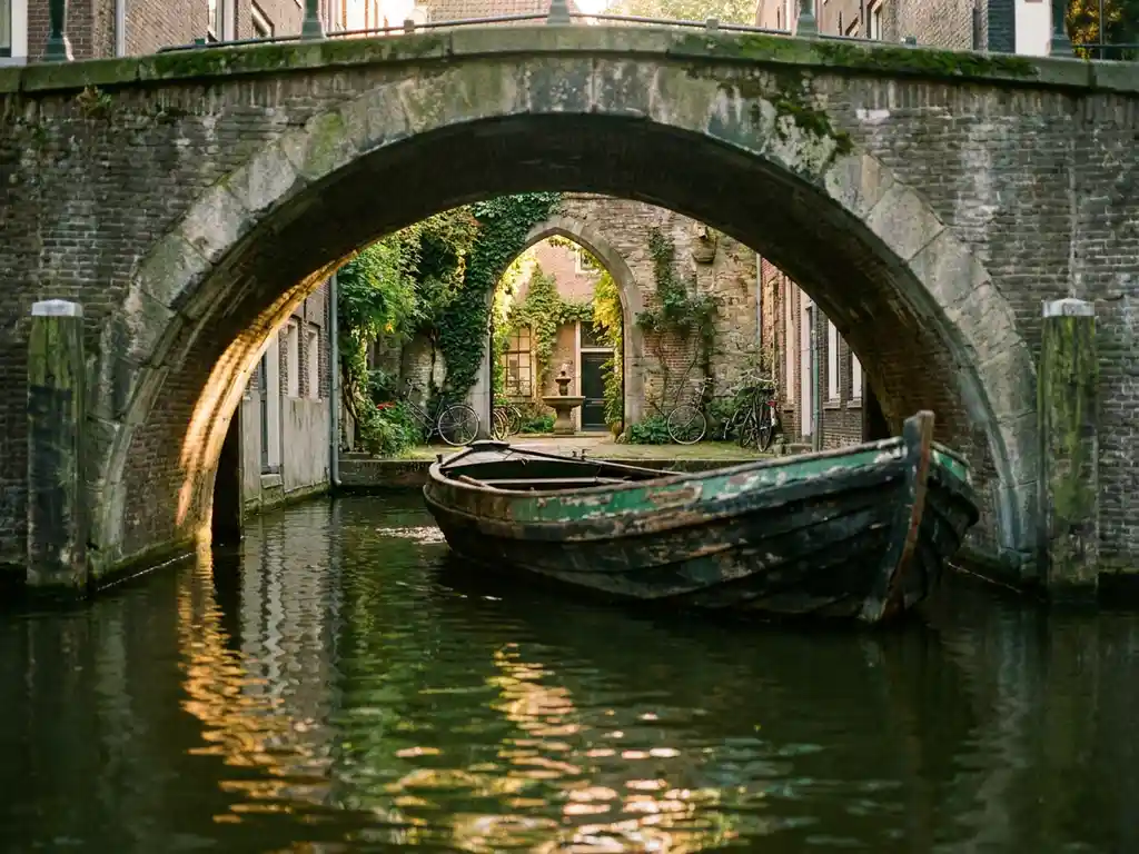 Weathered wooden canal boat passing under a moss-covered stone bridge in Amsterdam, golden light reflecting off dark green water.