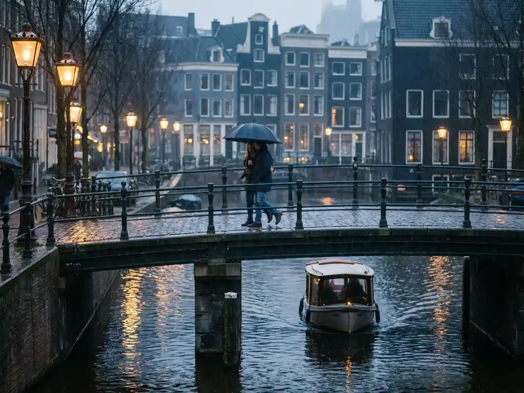 Couple sharing an umbrella on a rain-slicked Amsterdam canal bridge, amber lanterns glowing over historic gabled facades reflected in dark water.