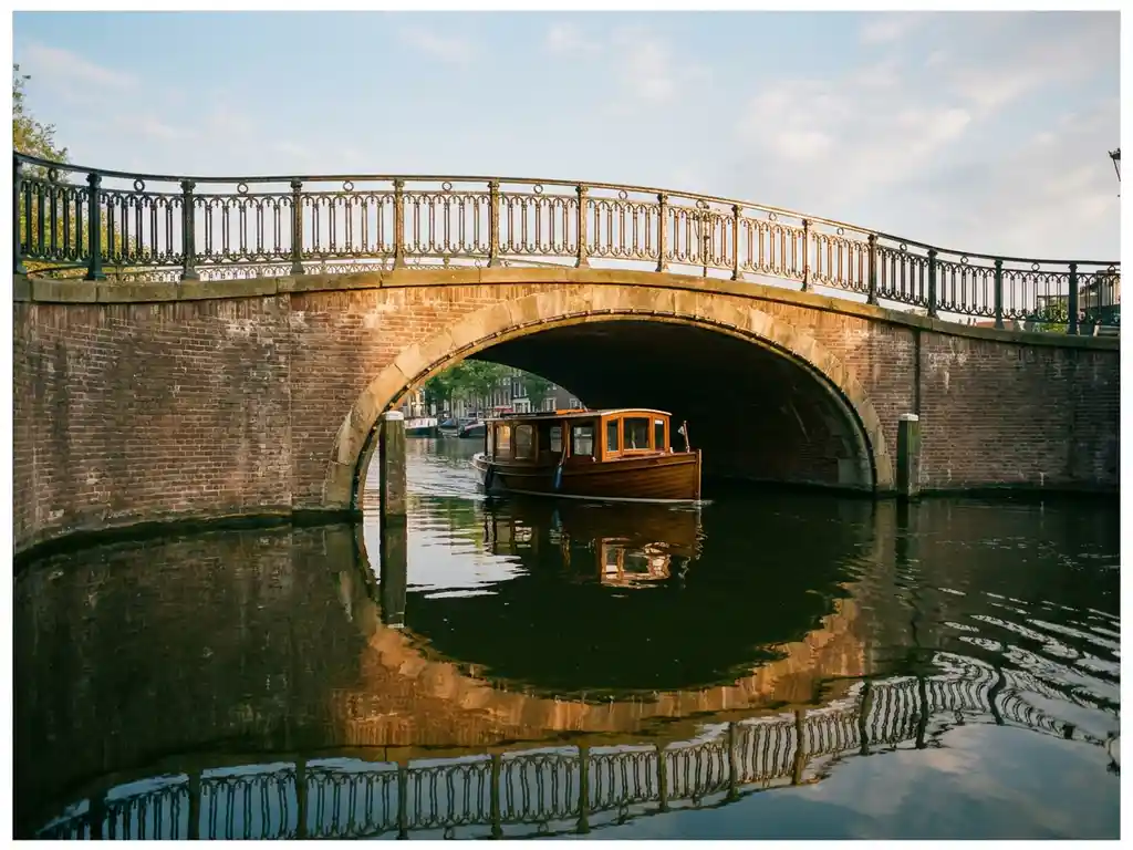Historic Amsterdam canal bridge with ornate iron railings reflected in still green water, electric wooden boat gliding beneath stone arch in golden afternoon light.