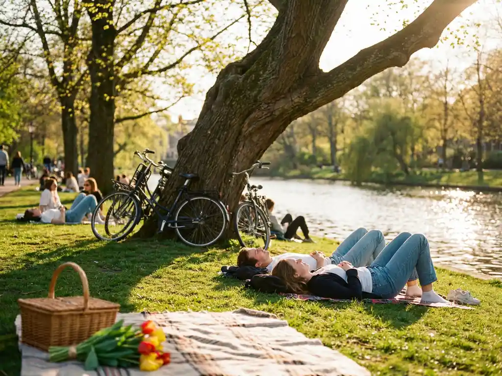 Locals relaxing on a sun-lit Amsterdam park meadow beside a canal, bicycles leaned against an elm tree and a tulip picnic blanket in golden-hour light.