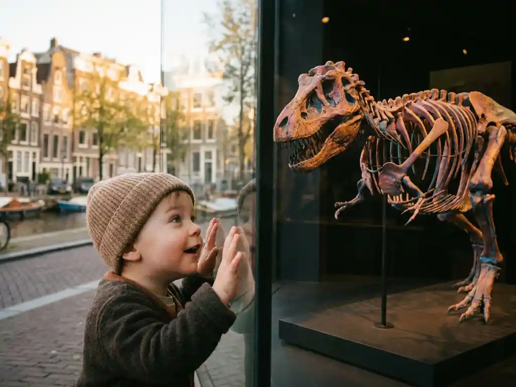 Child pressing hands against a museum window, gazing at a colorful dinosaur skeleton with Amsterdam canal and gabled rooftops reflected in the glass.